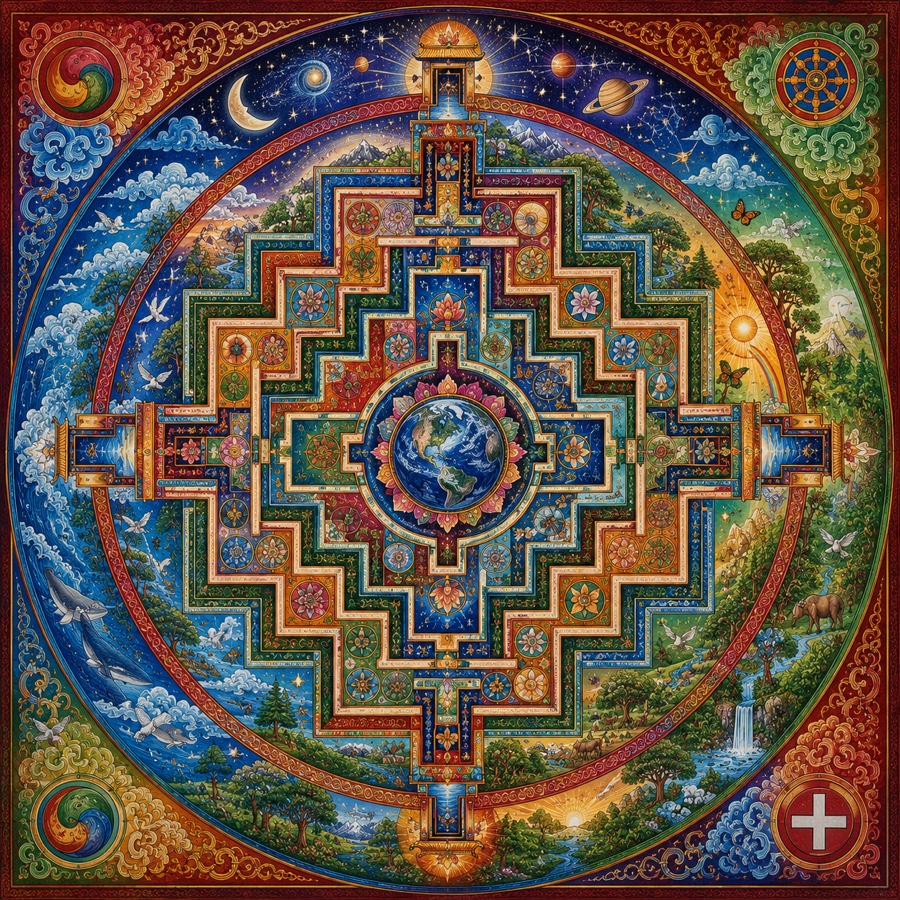 Pith Drop mandala — Earth at the heart of the labyrinth, the four directions as living elements, cosmos above